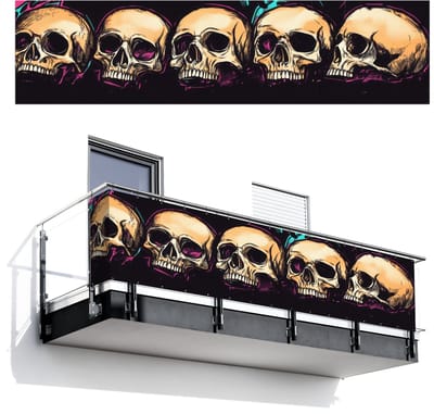 Balkonscherm 500x120 cm - Balkonposter Schedels - Graffiti - Neon - Balkon scherm decoratie - Balkonschermen - Balkondoek zonnescherm