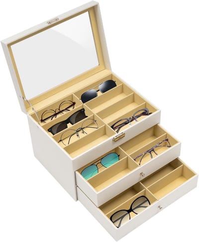 Opbergdoos Brillen - Zonnebrillen Koffer - Collectie Presenteren - Hoge Capaciteit - 24 Vakken - Wit