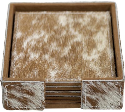 Onderzetter koehuid vierkant bruin/wit (set of 4)