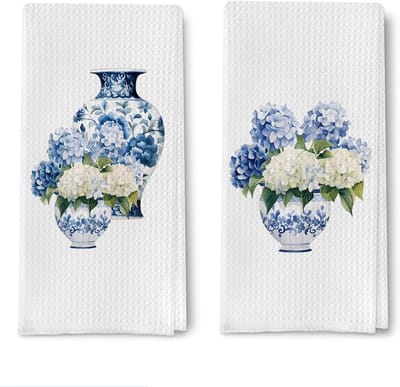 Set van 2 Blauwe en Witte Porseleinen Keukenhanddoeken met Hortensia Motief voor Keuken Decoratie - 46 x 66 cm, Theedoeken, Keukenaccessoires