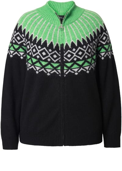 Ulla Popken - Dames - Gebreid vest met Noors patroon opstaande kraag rits - Zwart - Maat 42+