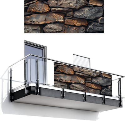 Balkonscherm 300x120 cm - Balkonposter Steenoptiek - Grijs - Bruin - Antraciet - Balkon scherm decoratie - Balkonschermen - Balkondoek zonnescherm