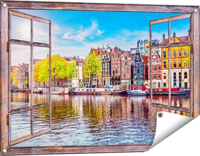 Gards Tuinposter Doorkijk Amsterdamse Huisjes aan het Water - 90x60 cm - Tuindoek - Tuindecoratie - Wanddecoratie buiten - Tuinschilderij