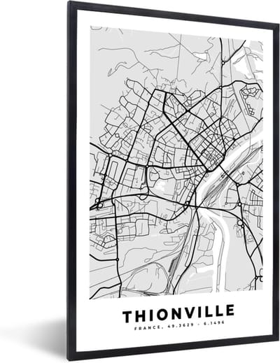 Fotolijst incl. Poster - Thionville - Plattegrond - Frankrijk - Kaart - Stadskaart - 40x60 cm - Posterlijst