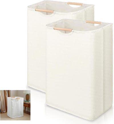 Smal wasmand - Wasverzamelaar - Opbergen kleding - Met houten handvat - 40x30x59 cm - Wit
