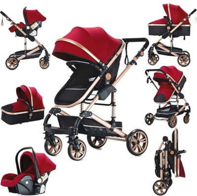 3-in-1 kinderwagen met draagbare reiswieg en opvouwbare buggy voor pasgeborenen - Rood