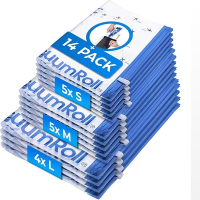 Famanu – Vacuümzakken Kleding (14+1 Stuks) in 3 Maten (70x50 - 60x40 - 50x35 cm) voor op Reis – Handige Reisorganizer voor Rugzak - Koffer & Backpacking - Opbergzakken Reis Compressie - Vacuum Reiszakken