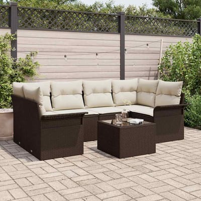 vidaXL - Tuinbank - Set - 7 - pcs - 6-Seater - Bruin - en - crèmekleurig - poly - rattan
