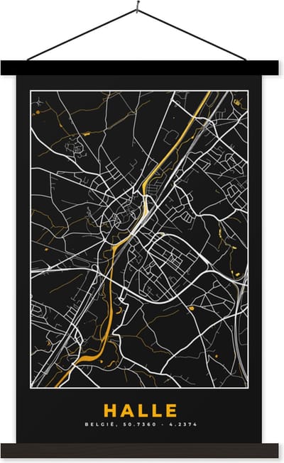 Posterhanger incl. Poster 40x60 cm - Schoolplaat - Halle - Kaart - Plattegrond - Black en gold - Stadskaart - Textielposter - Zwarte latten - Stadskaart