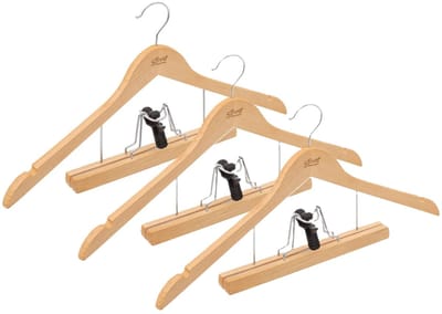 5Five Kostuum of pak kledinghangers - 3x stuks - hout - 44 cm - naturel - met pantalon beugel - op 1 haak