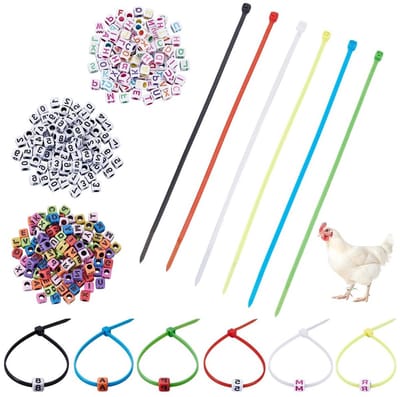120 stuks verstelbare kippenbeenbanden in 6 kleuren, nylon kabelbinders met 300 gemengde dobbelstenen, acrylkralen, ideaal voor identificatie en verzorging van gevogelte zoals kalkoen, eend, gans, kip en papegaai