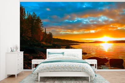 Behang - Fotobehang Zon - Landschap - Water - Bomen - Breedte 405 cm x hoogte 260 cm
