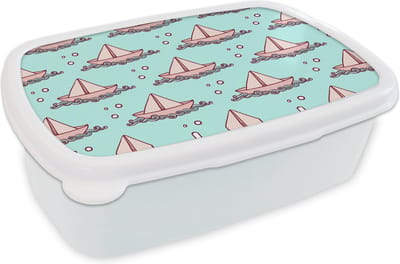 Broodtrommel Wit - Lunchbox - Brooddoos - Golf - Boot - Patronen - Kinderen - Avontuur - 18x12x6 cm - Volwassenen