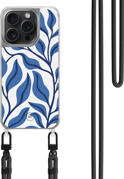 Hoesje met koord geschikt voor iPhone 13 Pro - Blue leaves - Inclusief zwart koord - Crossbody beschermhoes - Transparant, Blauw - Mooie Telefoonhoesjes