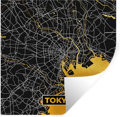 Muurstickers - Sticker Folie - Tokyo - Stadskaart - Goud - Plattegrond - Kaart - 100x100 cm - Plakfolie - Muurstickers Kinderkamer - Zelfklevend Behang XXL - Zelfklevend behangpapier - Stickerfolie