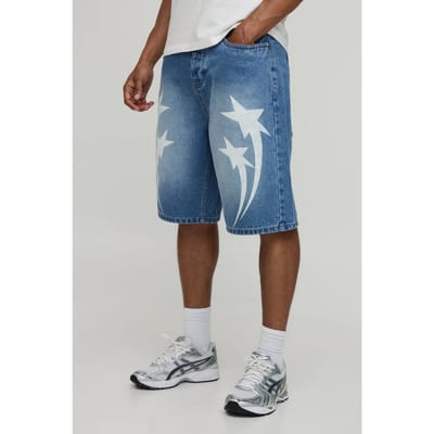 Lange Relaxed Ster Contrast Stiksel Denim Shorts | Mid Blue | Size 36