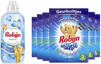 Robijn Set 6x Geurbuiltjes Intense Morgenfris met 1 fles Robijn Morgenfris wasverzachter