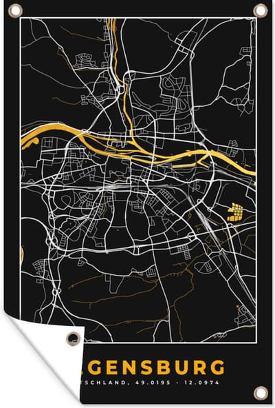 Muurdecoratie Black and Gold – Stadskaart – Regensburg – Duitsland – Plattegrond – Kaart - 120x180 cm - Tuinposter - Tuindoek