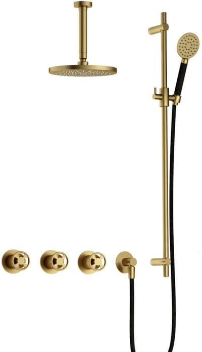 Hotbath Cobber - CW7067 - Inbouw Regendoucheset - Geborsteld Messing PVD - 2 Stopkranen - Thermostatisch - Plafondbuis 15 cm - Hoofddouche 200 mm - Ronde Handdouche 3 Standen - Glijstang 900 mm - Waterbesparend