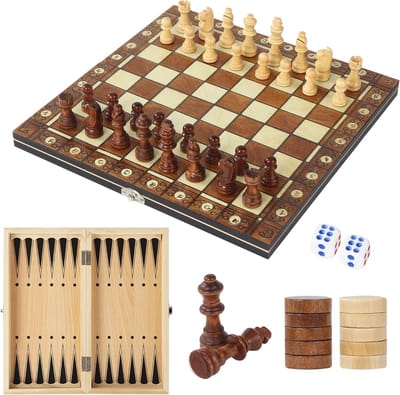 Schaakbord 3-in-1 van Hout - Magnetisch en Draagbaar voor Gezelligheid en Educatie - 29x29 cm
