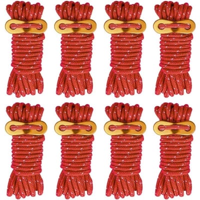 Set van 6 lichtgewicht tentkabels voor buiten, 5 mm x 4 m, met aluminium kabelversteller en opbergtas, geschikt voor tenten, zeilen, luifels, kamperen, wandelen en backpacken - Rood