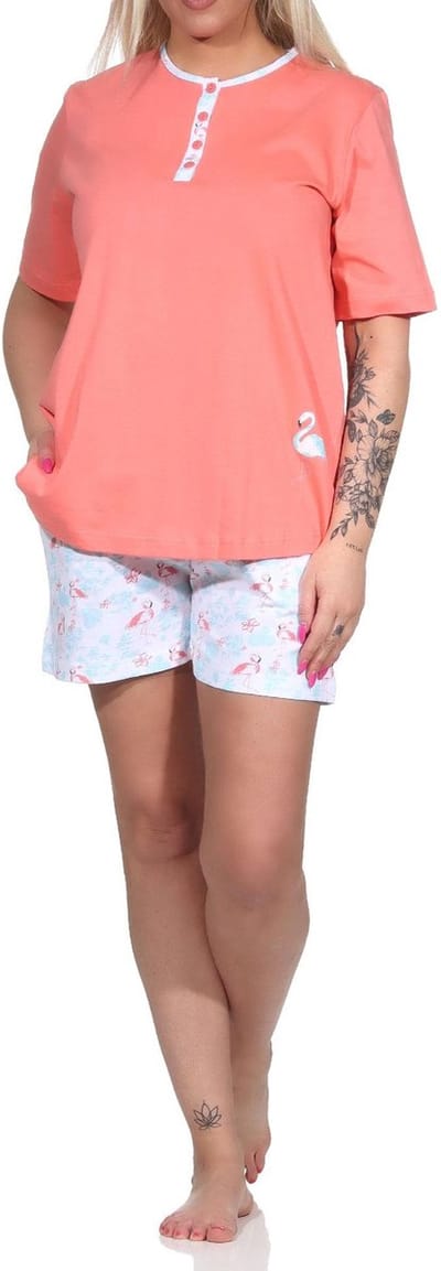 Dames Shorty pyjama met korte mouwen met flamingo-motief en knoopsluiting bij de hals