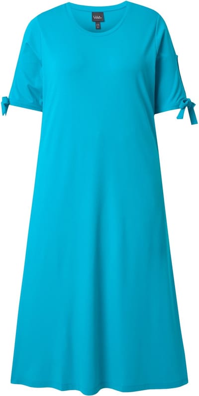 Ulla Popken - Dames - Midi-jurk mouwen met split A-lijn ronde hals korte mouwen - Aqua turquoise - Maat 46+