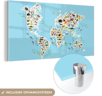 ® Glasschilderij 160x80 cm - Schilderij acrylglas - Wereldkaart Kinderen - Dieren - Blauw - Foto op glas - Muurdecoratie woonkamer - Wanddecoratie slaapkamer - Schilderijen