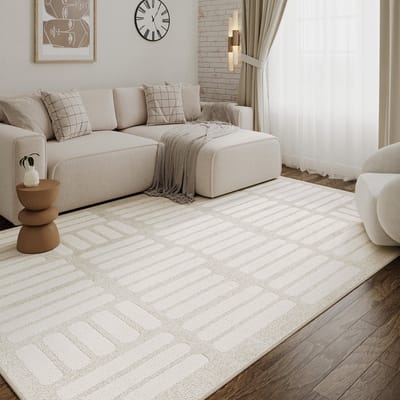 Tapiso Terra Vloerkleed - Geblokt Geometrisch Patroon - Woonkamer & Slaapkamer - Laagpolig Tapijt met 3D-Effect - Crème Beige Wit - OEKO-TEX 120x170