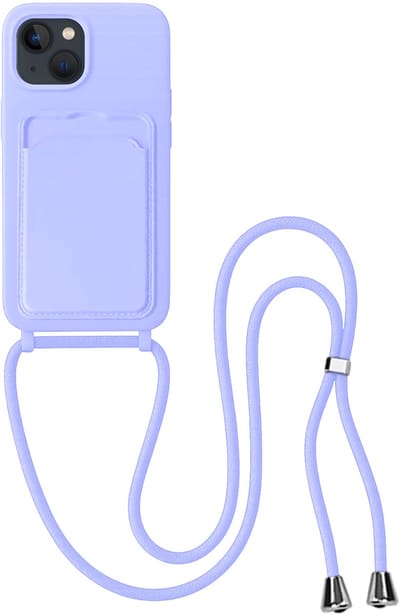 Hoes Geschikt voor iPhone 13 Hoesje Pas Houder Case Hoes Met Koord - Hoesje Geschikt voor iPhone 13 Hoes Met Telefoonkoord Pasjeshouder Cover - Lila