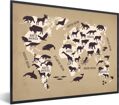 Poster in lijst - Fotolijst 80x60 cm - Posters - Wereldkaart - Dieren - Bruin - Posterlijst zwart - Decoratie - Wanddecoratie woonkamer - Muurdecoratie slaapkamer