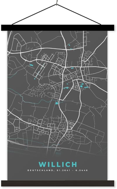 Posterhanger incl. Poster 40x60 cm - Schoolplaat - Stadskaart – Kaart – Willich – Blauw – Duitsland – Plattegrond - Textielposter - Zwarte latten - Stadskaart