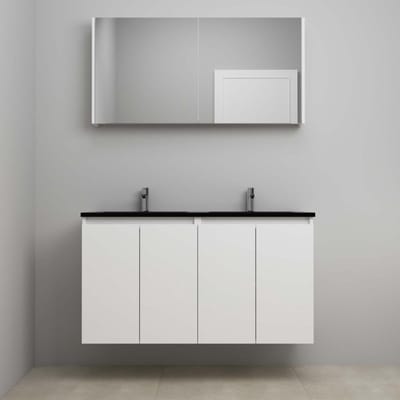 On-Line Badkamermeubelset - 120 cm - Bouwpakket - Greeploze Ladestructuur - Acryl Wastafel - 2 Kraangaten - Spiegelkast - Hoogglans Wit - V02