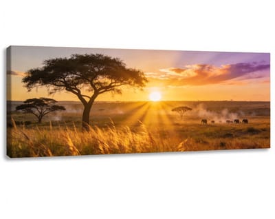 Canvas schilderij Olifanten Savanne Zonsondergang 70x30 cm - Kamer decoratie accessoires - Schilderijen woonkamer natuur horizon - Wanddecoratie slaapkamer - Muurdecoratie keuken - Wanddoek interieur binnen - Woondecoratie huis - Woonaccessoires