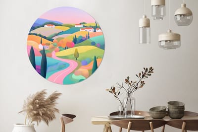 WallCircle - Wandcirkel - Muurcirkel - Landschap - Paars - Pastel - Huizen - Aluminium - Dibond - 140x140 cm - Binnen en Buiten