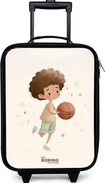 NoBoringSuitcases.com® - Kinderkoffer jongen - Kindertrolley meisje - Jongen met een basketbal in beige kleuren - Koffer kind lichtgewicht - Reiskoffer trolley voor kinderen - Koffertje met lichtgevende wieltjes - Rolkoffer zwart