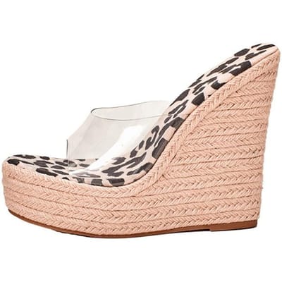 Runway Stijl Sexy Luipaardprint Platform Hakken 14cm Slippers Vrouwelijk Open Teen Pvc Transparante Schoenen Dames Zomer Sleehak Sandalen 41 zwart