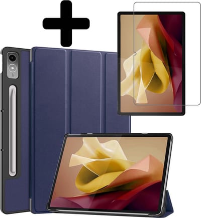 Hoes - Geschikt voor Lenovo Tab P12 - Met Screenprotector - Trifold Bookcase - Hard Cover Case - Met Uitsparing Geschikt voor Lenovo Pen - Hardcover Book - Tablet Hoesje - Donkerblauw