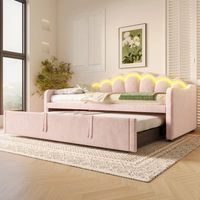 FloraGrace Slaapbank 90x200 cm - Uitschuifbaar Tot 180x200 cm - Met LED-Verlichting - Zonder Matras - Fluweel En MDF - Roze