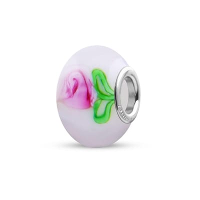 Quiges - Glazen - Kraal - Bedels - Beads Wit met Roze Rozen op Groene Stengels Past op alle bekende merken armband NG2029