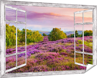Gards Tuinposter Doorkijk Paarse Weide - 180x120 cm - Tuindoek - Tuindecoratie - Wanddecoratie buiten - Tuinschilderij