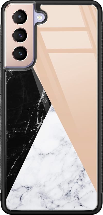 Hoesje geschikt voor Samsung Galaxy S21 - Marmer zwart bruin - Luxe Glazen Hardcase - Marmer - Zwart, Bruin