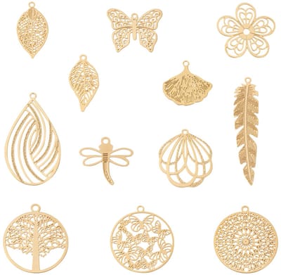 PandaHall CHARM 48 stuks roestvrij staal 18K vergulde hangers voor sieraden maken, vlinder, bloem, libel, traan, blad