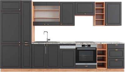 Vicco Fame-Line Complete keukeneenheid – 355 cm, WB Marmer Antraciet Landhuis/Goud Kraft Eik