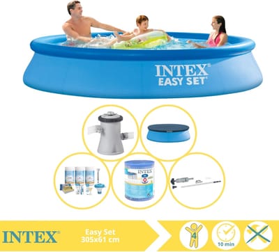 Intex Rond Opblaasbaar Easy Set Zwembad - 305 x 61 cm - Blauw - Inclusief Pomp - Afdekzeil - Onderhoudspakket - Filter - Stofzuiger - 6-delig