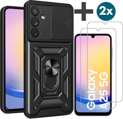 Hoesje met 2 Stuks Screenprotectors Geschikt voor Samsung Galaxy A25 Met draaibare Ringhouder en camera bescherming - Arara backcover - Zwart