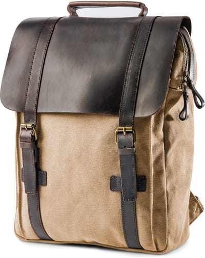 Lichtbruine Canvas en Donkere Leren Rugzak in Vintage Stijl