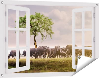 Gards Tuinposter Doorkijk Kudde Buffels bij een Boom - 90x60 cm - Tuindoek - Tuindecoratie - Wanddecoratie buiten - Tuinschilderij