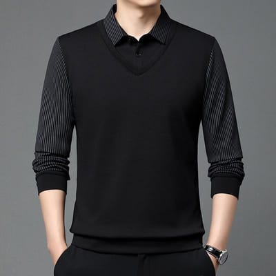 Lente en Herfst Heren Lange Mouw Vals Tweedelig Overhemdkraag Gestreepte Mouw Ananas Patroon T-shirt Middenleeftijd Zakenmannen Top XXXXL black