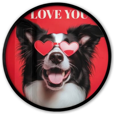 Poster in lijst Rond - Fotolijst 40x40 cm - Posters - Hond - Hartjesbril - Loveyou - Rood - Ronde posterlijst zwart - Decoratie - Wanddecoratie woonkamer - Muurdecoratie slaapkamer